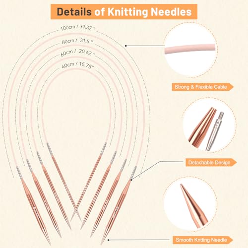 Image of Aeelike Interchangeable Knitting Needles Set, 13 Pairs Aluminum Circular Knitting Needles (3.0mm-10.0mm) with 4 Flexible Cords for Lace Socks & Bulky Projects, Travel Weaving Gift Set