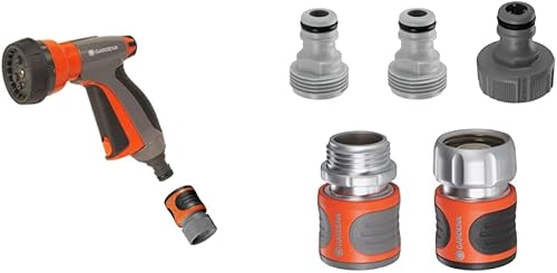 GARDENA 32121 Control Metal Multi-Purpose 7-in-1 Spray Gun with Built in Flow Control, 7 x 3 x 9 inches, orange & 39042-BK Hose Connector