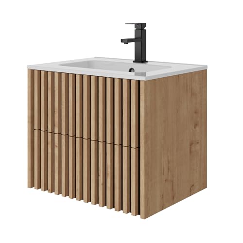 UEV Waschtisch mit Unterschrank, Waschbeckenunterschrank 60cm hängend, Waschplatz, Keramik Waschbecken, Badezimmmer Möbel für Gäste WC, Badmöbel Set, Natur