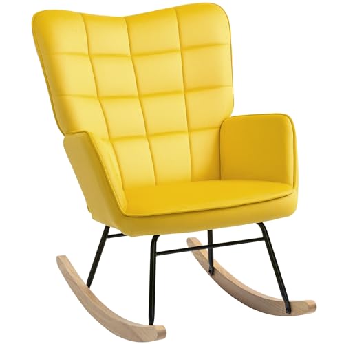 HOMCOM Sillón balancín, tapizado de Terciopelo, sillón de Lactancia, Estructura de Acero, Patas de Madera Maciza, Amarillo