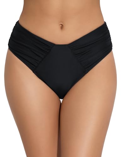 Tournesol Women Bikini Bottoms Black Scrunch Ruched Swim Bottom Full Coverage Mid Rise Swimwear Bottom