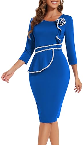 Image of Funeral Church Dresses for Women Formal Long Sleeve Wrap Business Work Dress Vintage Ruched Midi Pencil Dress