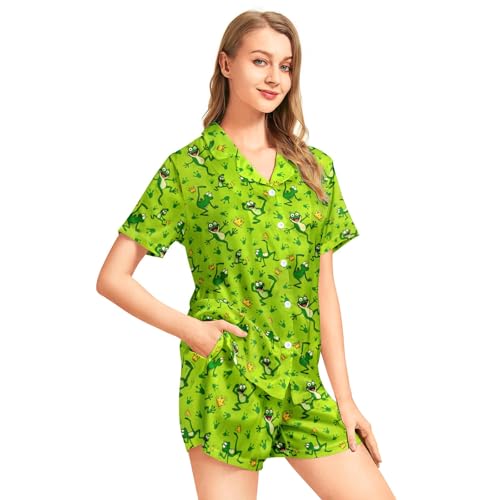 Image of Funny Pajamas for Women Set Print Satin Loungewear Pjs Short Sleeve Button Down Top and Shorts Sets Sleepwear XS-3XL