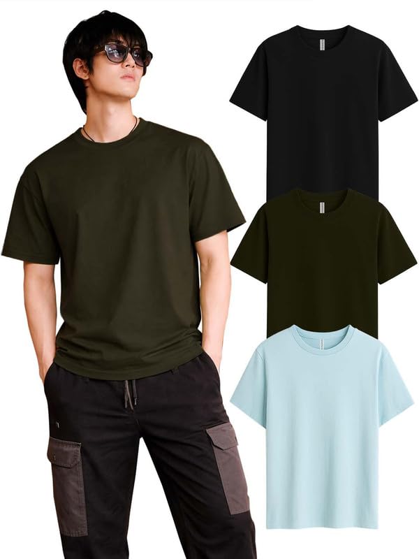Image of Sleepynuts Half Sleeve Round Neck 100% Cotton Tshirt for Mens Pack of 3 Regular Fit Solid T-Shirts Combo
