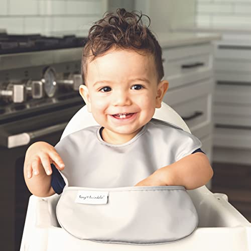 Tiny Twinkle Mess-Proof Baby Bibs for Eating | Waterproof, Wipeable Toddler Bibs with Catch-All Pocket | Feeding Bibs for Girls & Boys(3 Pack,Slate, Olive)