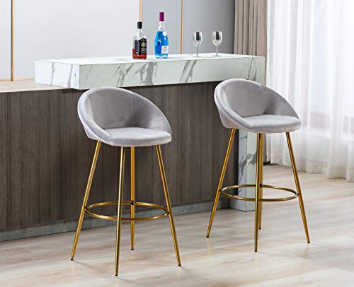 Kmax Lovely 30" Velvet Bar Stools Set Of 2 With Gold Metal Legs, Mid Century Modern Bar Stools Low Back For Kitchen Island Home Pub-Silver #TOP2
