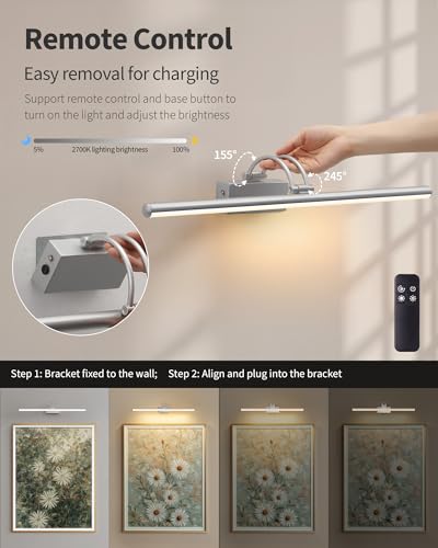 Image of KDG LED Cordless Wall Picture Light with Remote, 7000mAh Rechargeable Dimmable Art Lighting, Adjustable Swing Arm, Picture Frame Light for Gallery, Living Room, Hallway, 24 inch, Silver