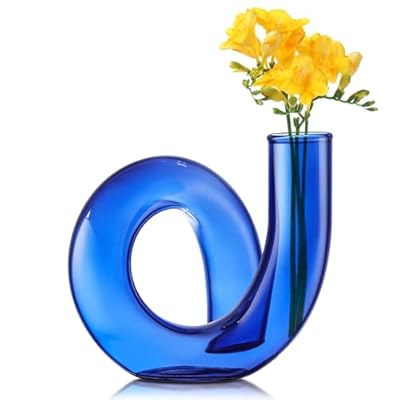 Joeyan Handmade Small Blue Glass Flower Vase,Decorative Geometric Glass Bud Vase for Modern Home Centerpieces Living Room Office,4.72" Abstract Vase for Single Flower and Dry Flowers