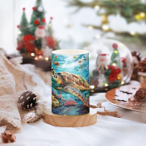 Image of Sea Turtles Ocean Coral Reefs Fish Flickering Flameless Candles LED Battery Operated with Remote Timer Pillar Candles for Home Birthday Wedding Christmas Decor, Set of 2