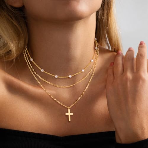 ASCOMY Layered Necklaces for Women Dainty Gold Necklace 14K Gold Plated Herringbone Necklace for Women Pearl Cross Necklace Paperclip Cuban Figaro Rope Satellite Chain Gold Choker Trendy Jewelry Gift3