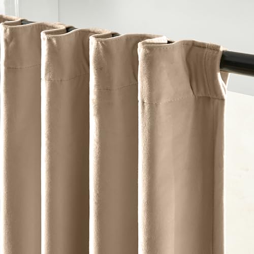 Image of Latte Velvet Curtains Warm Back Tab 52x96 Inch 2 Panels | Soft Velvet, Blackout, For Bedroom & Living Space, Light Shifting Texture, Elegant Drape, Neutral