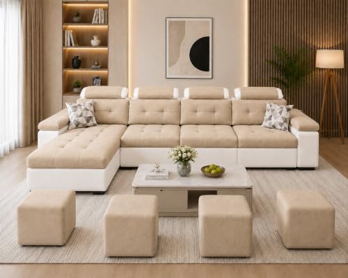 Image of Torque Jimmi L-Shaped 5 Seater Sofa with 4 Puffy - LHS-Beige | 8 Seater Sectional Sofa Set for Living Room | 3 + 1 Lounger Sofa Couches with Adjustable Headrests
