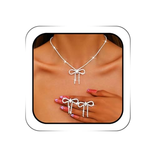 ACEDRE Rhinestone Bow Jewelry Set Bowknot Necklace Earrings Set for Women