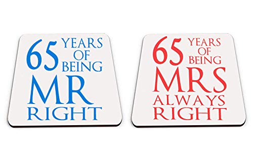 Being Mr Right & Mrs Always Right Set of 2 Wedding Anniversary, Valentines Day, Couple Square Coaster Set. (65 Years)