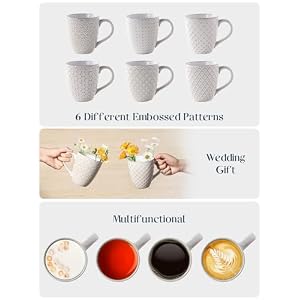 DOWAN Coffee Mugs Set of 6 19 oz Large Mug Ceramic Embossment Stoneware Tea Cups with Handle for Men Women Handcrafted Mug Gift Set Housewarming Wedding Gift