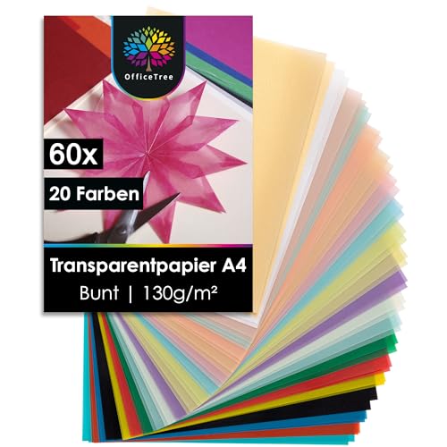 OfficeTree 60x Transparentpapier Bunt A4 – 20 Farben - 130 g/m² - Extra Stark - Pergamentpapier Bunt inkl. Gold & Silber - Buntes Transparentpapier zum Basteln von Fensterbildern Laternen