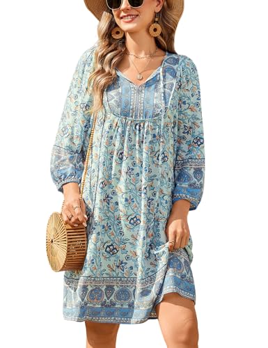 Image of Bluetime Women Casual Summer Dress Boho V Neck 3 /4 Sleeve Babydoll Floral Print Flowy Beach Dress