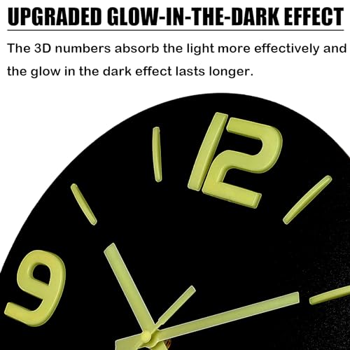 Image of HZDHCLH Wood Wall Clock Glow in The Dark,Luminous Wall Clocks with 3D Numbers,Decorative Wall Clock Battery Operated for Bedroom Kitchen Living Room Office (Black)