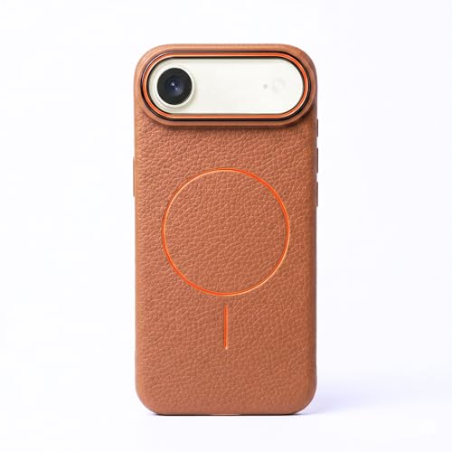 Image of amazon basics Luxury MagSafe Compatible Leather Texture Back Cover for iPhone 17 Air | Raised Camera Protection | Slim Fit Shockproof Case with Metallic Accents (Orange)
