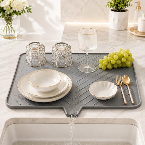 Image of AXIESO Silicone Dish Drying Mat for Kitchen - Built-in Drain Lip | Hygienic Drying Pad - Sturdy Compact Easy to Clean Tray Protects Surfaces Prevents Water Build Up (Gray 40*30 CM)