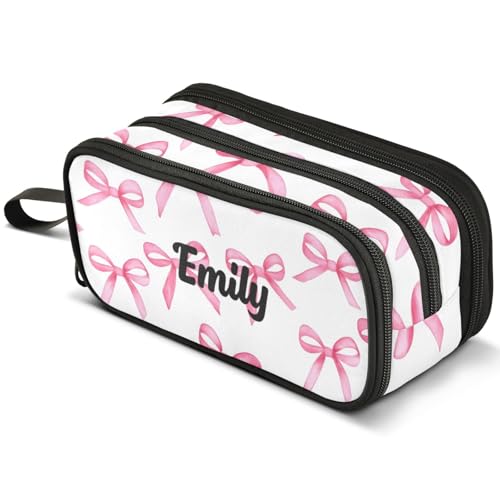 Image of ALAZA Custom Large Pencil Case with Name Pink Bows, Pen Pouch Pencil Bag with 3 Compartments Pen Holder Organizer Stationery Bag