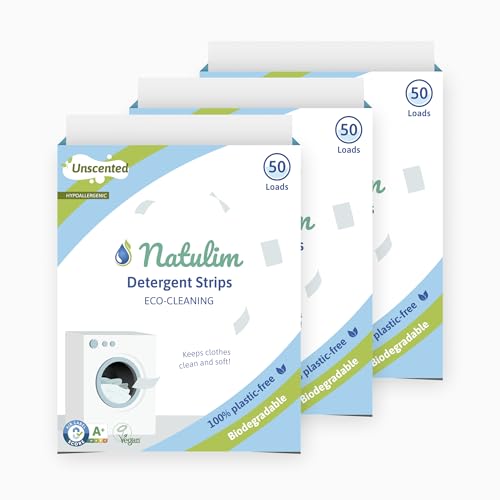 Natulim - Detergente en Tiras para Lavadora (150 Lavados) - Incluye efecto Suavizante, Ecológico, Hipoalergénico, Made in Spain - Ropa limpia y suave sin ensuciar el Planeta (Sin Fragancia) - 3 Pack