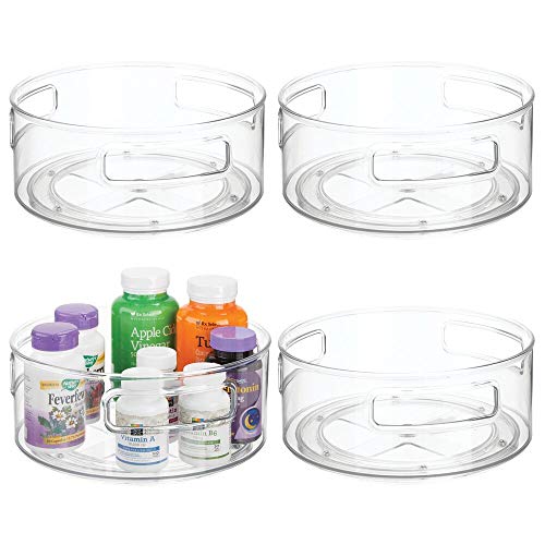 mDesign Plastic Spinning Lazy Susan Round Turntable Storage Tray - Rotating Organizer for Makeup Cosmetics Nail Polish Vitamins Shaving Kits Medical Supplies First Aid 4 Pack - Clear