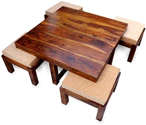 Image of Woodkoof Solid Sheesham Wood Coffee Table with 4 Stool for Living Room, Garden, Patio, Guest Room, Cafe || Wooden Coffee Table || Sheesham Wood Coffee Table ||