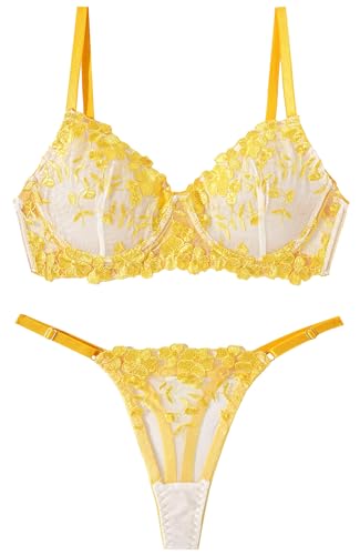 AIEOE Damen Dessous Set Spitze BH Unterwäsche und Slip Verstellbare Strapsen Babydoll Frauen Reizwäsche Lingerie Höschen Nachtwäsche Outfit - XL