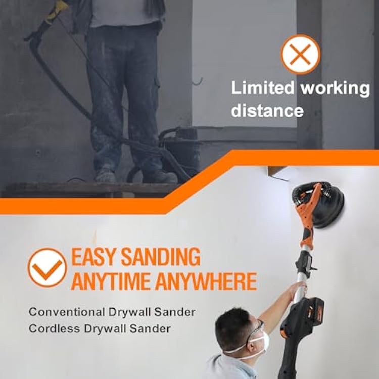 MAXXT Cordlees Drywall Sander with Vacuum Dust Collection, Brushless Electric Wall Sander with 7 Variable Speed Foldable Telescopic, Popcorn Ceiling Removal Tool, 20V Max 4.0 Ah Battery and Charger