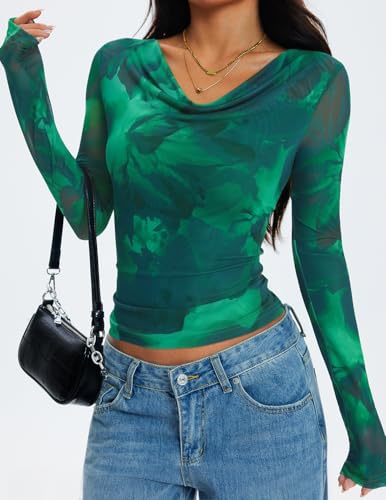 ZESICA Womens Floral Mesh Long Sleeve Tops 2025 Fall Cowl Neck Slim Fit Going Out Y2k Shirts Trendy Date Night Outfits3