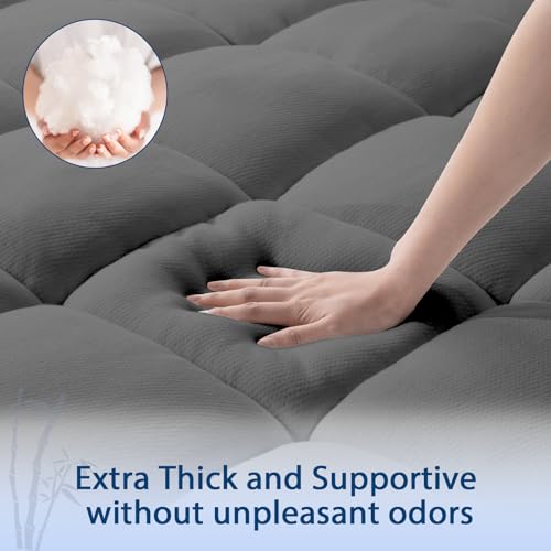 ELEMUSE Full Grey Cooling Bamboo Viscose Mattress Topper for Back Pain, Extra Thick Mattress Pad Cover, Plush Soft Pillowtop with Elastic Deep Pocket, Overfilled Down Alternative Filling