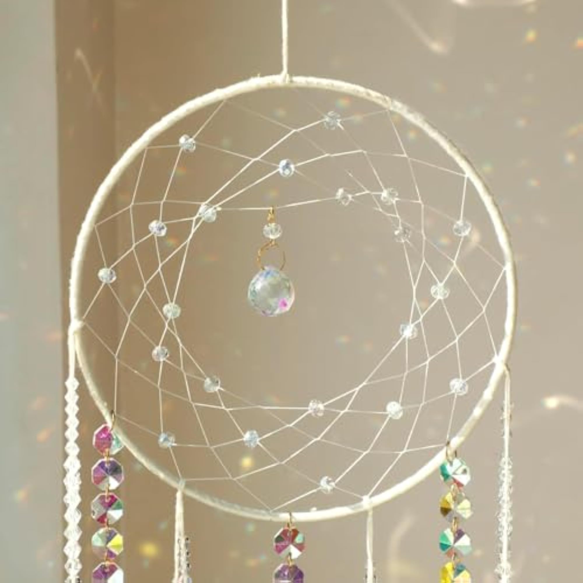 Crystal Dream Catcher Wall Hanging, White Boho Decor