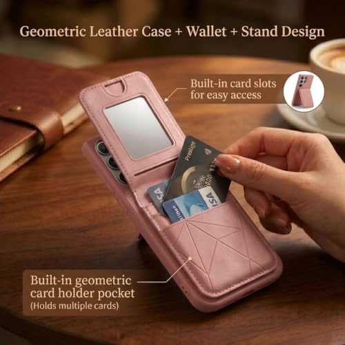 Image of amazon basics Premium Vegan Leather Back Cover with Card Holder and Integrated Mobile Stand for Samsung Galaxy S26 Ultra 5G - Slim Shockproof Wallet Case with Geometric Stitching [Pink]