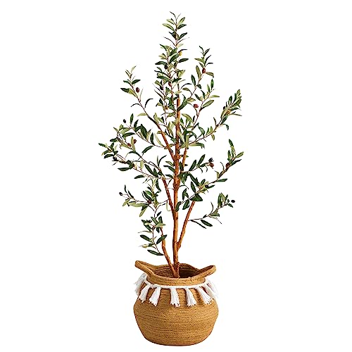 Nearly Natural 3.5ft. Artificial Olive Tree with Handmade Jute & Cotton Basket with Tassels