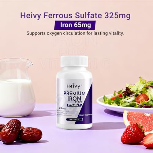 Image of Heivy Ferrous Sulfate 325mg, Iron 65mg, Iron with Vitamin C - High Potency Iron Supplement for Women & Men - Premium Pure Ingredients, Gentle on Stomach, 240 Tablets, Made in USA