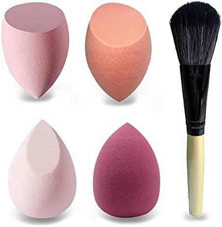 Mocarheri Makeup Sponge Blender 4Pcs & Foundation Brushes 1Pcs, Soft Sponge For Liquid Foundation, Creams and Powders, Latex Free Wet and Dry Makeup Sponges (Pink Series)