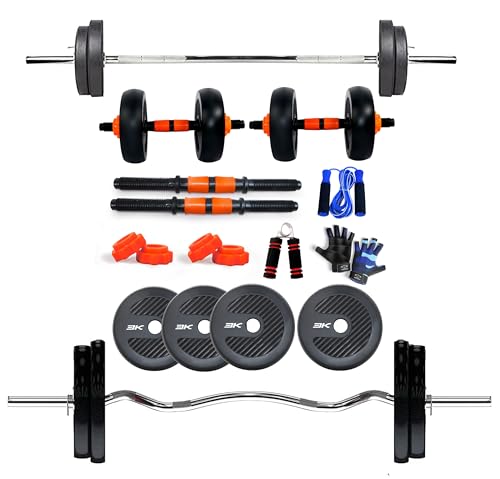 Image of WATSON Premium Home Gym Set for Men & Women, Home Gym Combo with Rubber Weight Plates, 25mm 3Ft Curl bar, 5Ft Straight Bar, Hard PVC Dumbbell Rods, Gripper, Skipping Rope & Gym Gloves (12 KG Combo)