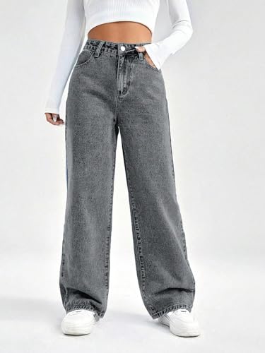 Image of GRECIILOOKS High Waist Jeans for Women - Wide Leg Straight Fit Denim | Baggy Cargo Style Casual Pants for Girls & Daily College Wear