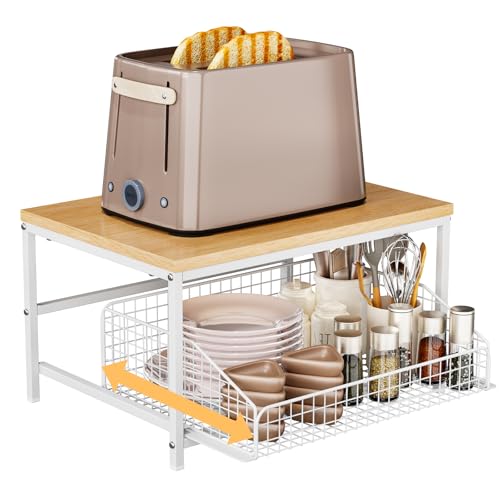 KLM Pull Out Spice Rack Organizer for Cabinet Rustic Wood Top with Wire Basket Storage Kitchen Countertop Organizer and Storage for Pantry Counter top Coffee Station Wood. (Natural)