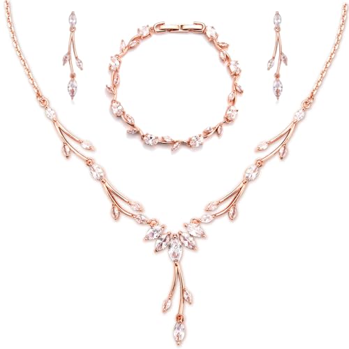CERSLIMO Schmuckset Rosegold, Hochzeit Brautschmuck Set 5A Zirkonia Kette Armband Ohrringe Rose Vergoldet Schmuck Set für Braut mit Geschenkbox Geschenke Frauen Damen