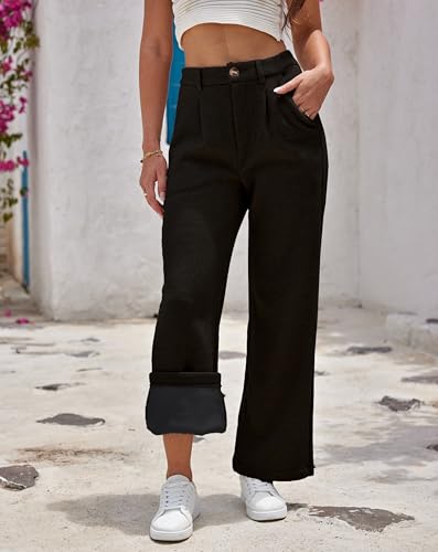 Fakanhui Women's Fleece Lined Dressy Work Pants Wide Leg High Waisted Winter Warm Casual Slacks Pants2