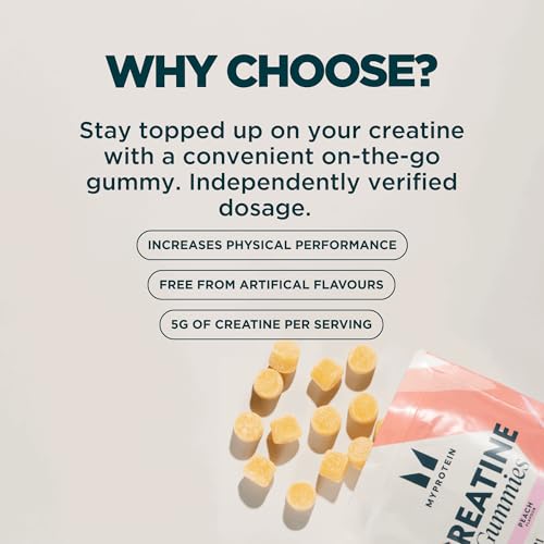 Image of Myprotein Creatine Gummies, 5g Creatine Monohydrate per Serving, Peach, 90 Count, 18 Servings, Chewable Post /Pre Workout Strength & Recovery Sports Nutrition Supplement, Vegan, Non-GMO