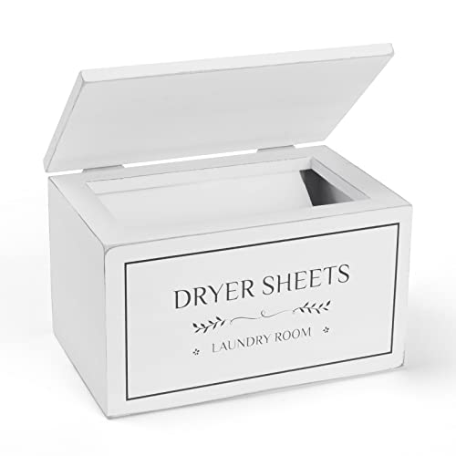 ikkle Wooden Dryer Sheet Holder, Laundry Dryer Sheet Dispenser Container with Lid for Laundry Room Decor, Farmhouse Laundry Dryer Sheets Box for Bathroom Organization (White)