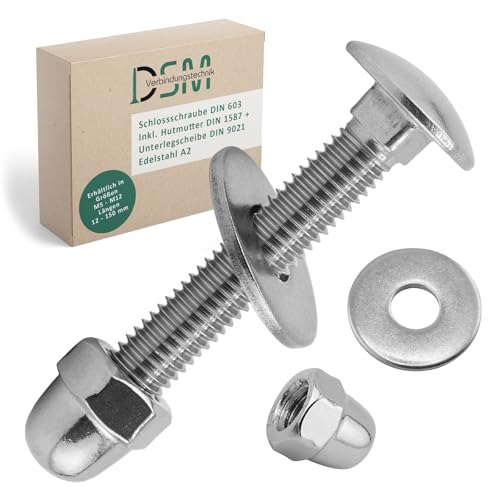 DSM – Tornillos de cerradura M5 x 50 mm según DIN 603 – M5 tuerca con tapa DIN 1587 y arandela DIN 9021 – Acero inoxidable A2/V2A – Rosca completa – Tornillos de cabeza plana redonda con cuello
