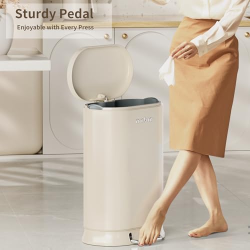 Image of MRBIN Metal Kitchen Trash Can with Lid, 30L / 7.9gal Commercial Step Waste Basket for Bathroom, Medium Office Garbage Pail with Stainless Steel Foot Pedal for Near Desk, Bedroom, RV, White