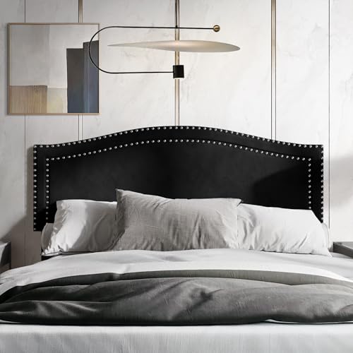 Castle Place Full Curved Velvet Upholstered Headboard with Chrome Nailhead Trim Black