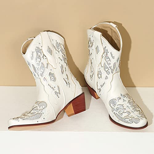 FIFSY Rhinestone Mid Calf Cowboy Boots Sequin Glitter Chunky Heel Booties Short Western Cowgirl Vintage Boots4