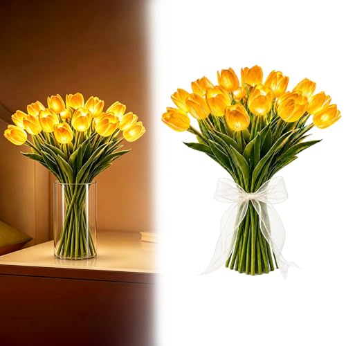 Radiant Romantic Tulip Night Lights 15Pcs Warm Twinkling Led Tulips Lamp Gifts for Women Plant Lovers Tulip Shaped Artificial Flowers Lamps Decor for Living Room Bedroom Bedside Table (Yellow-NO Vase)
