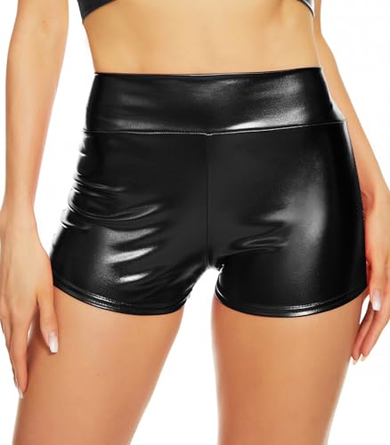 Vinaderhom Women's Metallic Booty Shorts Shiny High Waisted Rave Bottoms for Dance Festival Parties, Black, X-Large